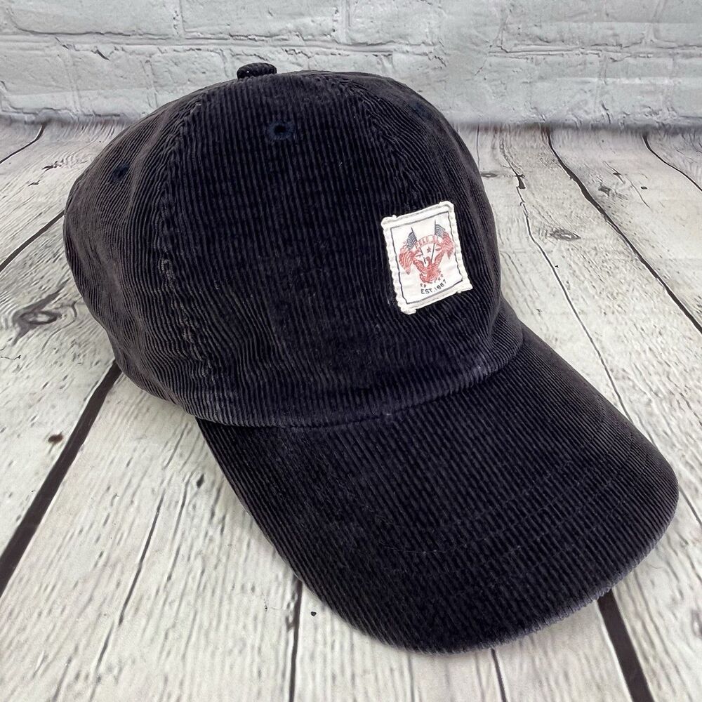 Vintage Polo Ralph Lauren Hat Blue Corduroy Eagle Flag Leather Strapback